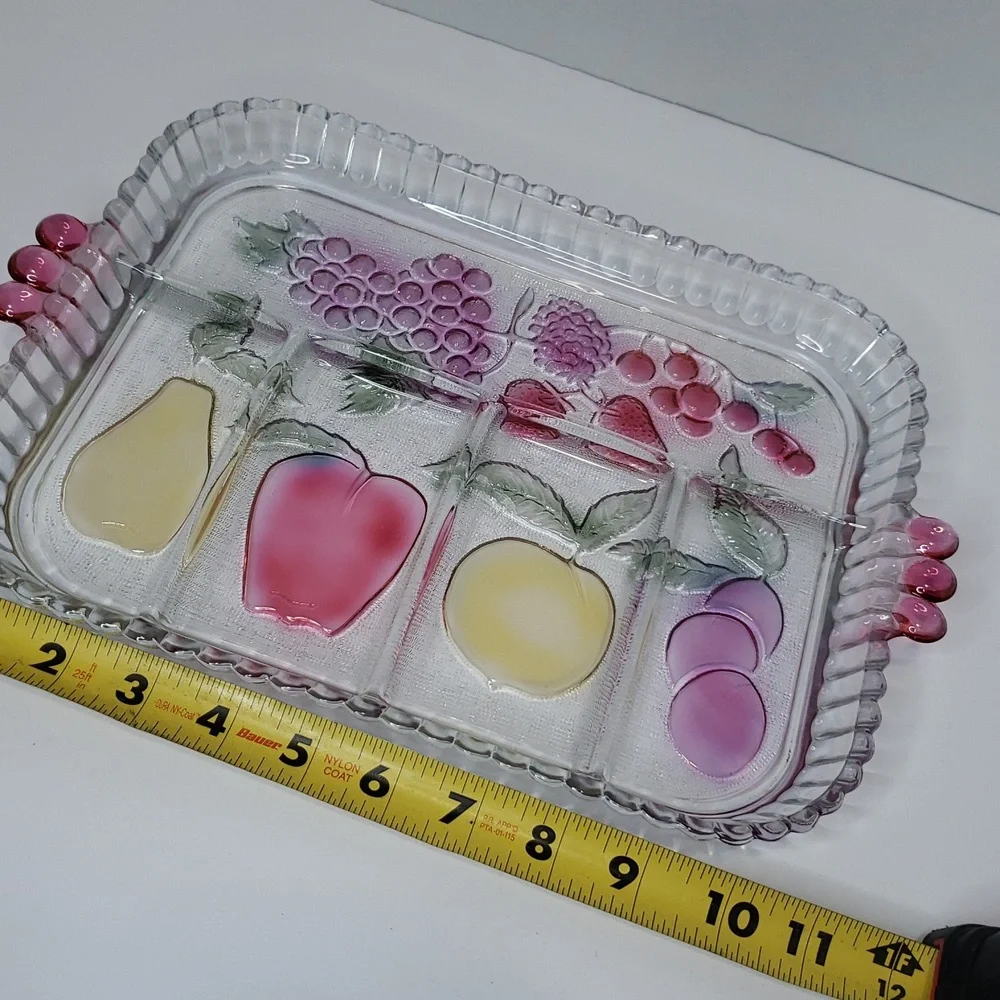 Vintage Clear Glass Divided‎ Relish Tray with Fruit Design and Pink Handles